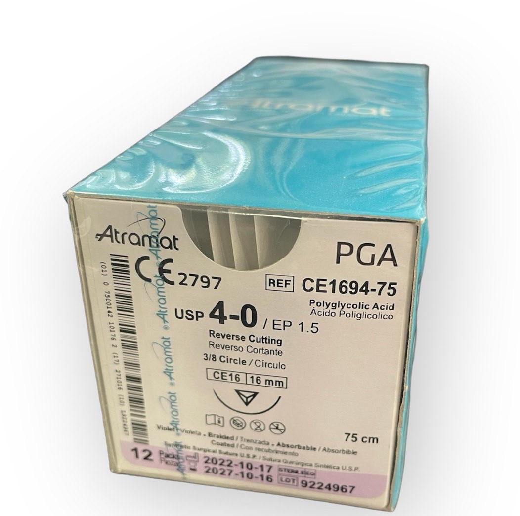 PGA (полігліколід) CE1694-75 плетений фіолетовий, що розсмоктується USP 4-0 (EP1.5) зі зворотн.-ріж. голкою 16мм, 3/8кола, довж. нитки 75см